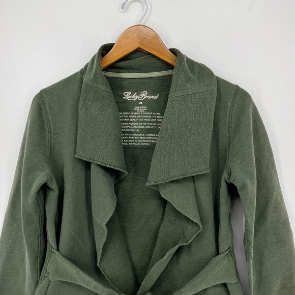 Lucky Brand Cardigan Sweater Women's M Olive Green Vtg Y2K Solid Wrap Pockets - Picture 2 of 8
